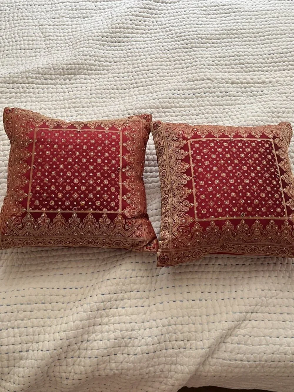 Red Beaded Throw Pillows Set of 2 Mughal Embroidered Boho Indian Bollywood Decor
